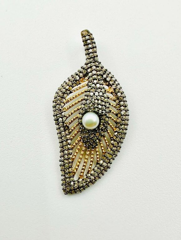 JMNYC DESIGNS JMNYC Two Tone Vermeil and Rhodium Diamond Leaf Pendant