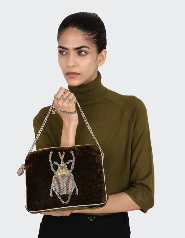 OLIVIA DAR ACCESSORIES OLIVIA DAR Velvet Beaded Beetle Sling Bag