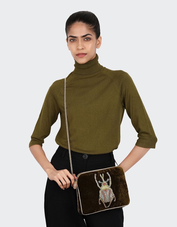 OLIVIA DAR ACCESSORIES OLIVIA DAR Velvet Beaded Beetle Sling Bag