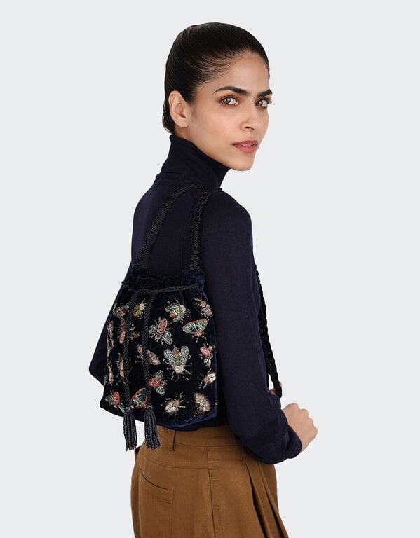 OLIVIA DAR ACCESSORIES OLIVIA DAR Beaded Velvet Insect Bucket Bag