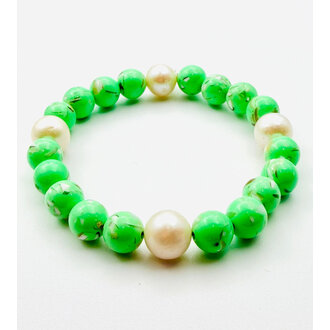 JMNYC DESIGNS Lime Green Jasper & Pearl Stretch Bracelet