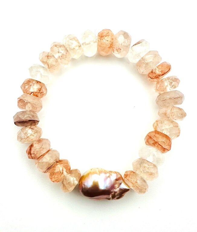 JMNYC DESIGNS JMNYC Baroque Pearl & Strawberry Quartz Stretch Bracelet