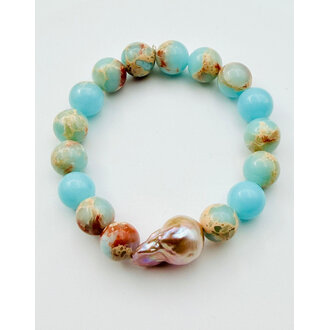 JMNYC DESIGNS Baroque Pearl & Natural Jasper Stretch Bracelet