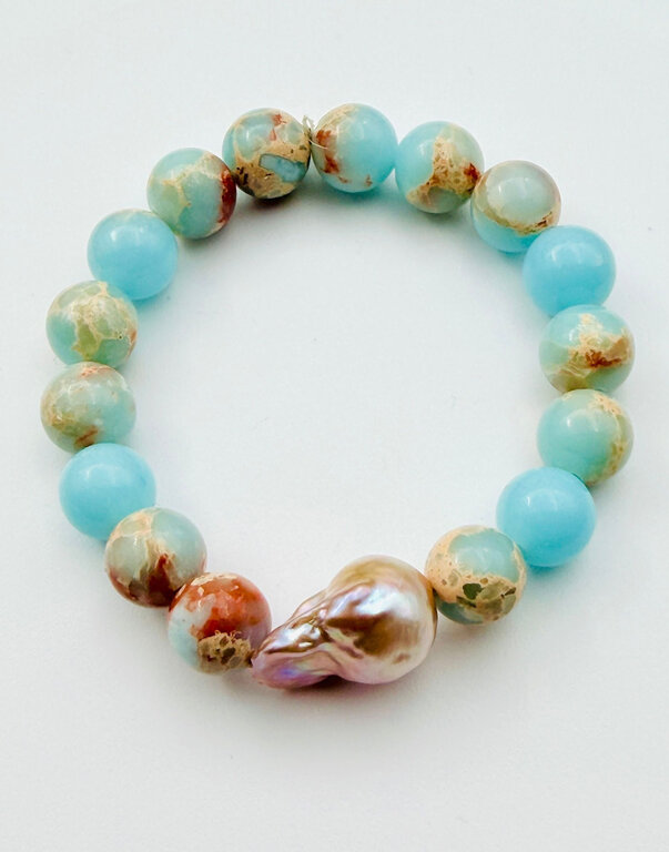 JMNYC DESIGNS JMNYC Baroque Pearl & Natural Jasper Stretch Bracelet