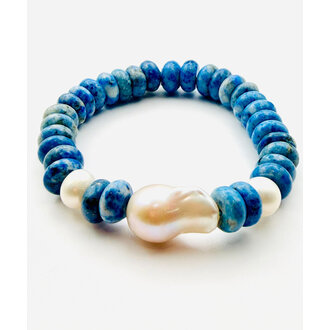 JMNYC DESIGNS Denim Lapis and White Freshwater Pearl Stretch Bracelet
