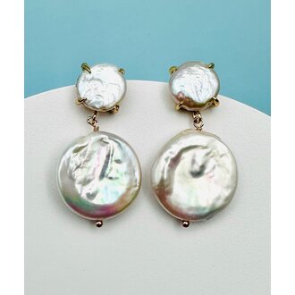 JMNYC DESIGNS Large White Freshwater Pearl Coin Post Earrings