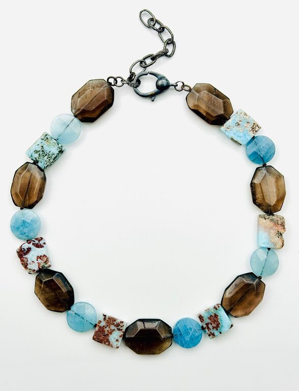JMNYC DESIGNS JMNYC Faceted Multi-Stone Necklace- Aquamarine,  Smoky Quartz, Larimar
