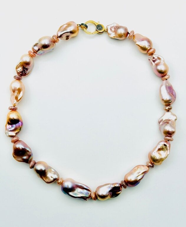 JMNYC DESIGNS JMNYC Peach Rainbow Moonstone & Ombre Freshwater Baroque Pearl Necklace