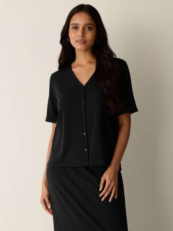 EILEEN FISHER EILEEN FISHER Ribbed V-Neck Button Front Top
