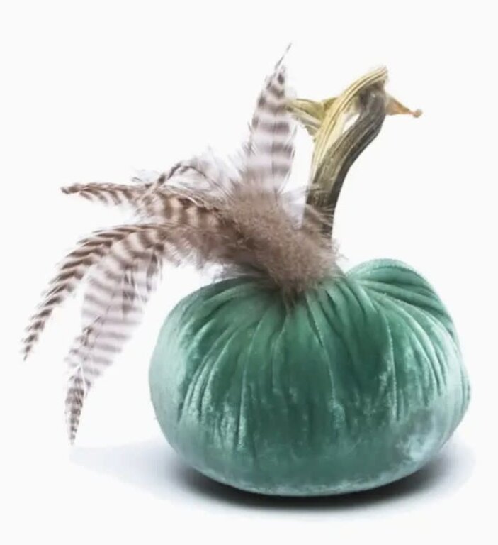 HOT SKWASH HOT SKWASH 4" Velvet Pumpkin with Feather Plume, Lagoon