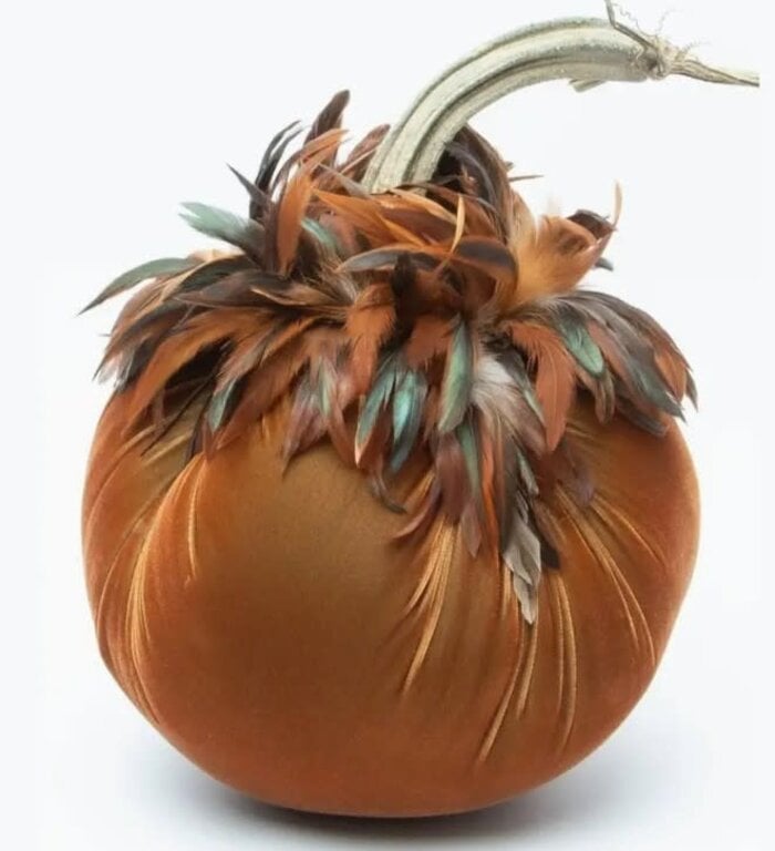 HOT SKWASH HOT SKWASH 8" Silk Velvet Pumpkin with Bronze Feather Collar