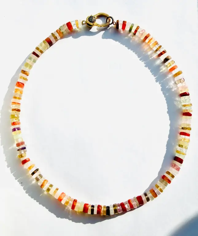 JMNYC JMNYC Multi Color Gemstone and Crystal Quartz , 14k Gold Vermeil, Sterling Silver, Diamond Heishi Necklace