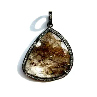 JMNYC Brown Rutilated Quartz, Diamond, Sterling Silver Pendant