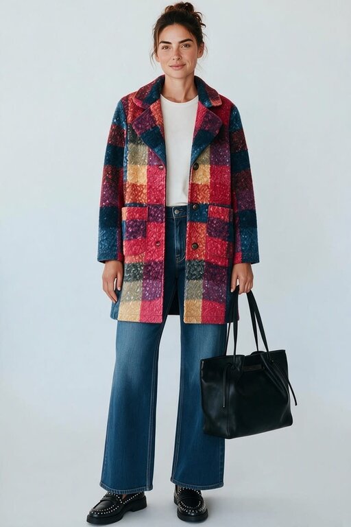 ELLIOTT LAUREN ELLIOTT LAUREN Long Plaid Textured Jacket
