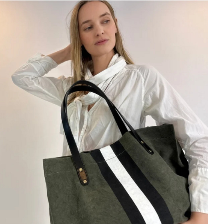 KEMPTON KEMPTON Oversized Olive Canvas Stripe Tote