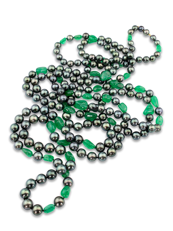 Black Tahitian Pearl & Colombian Emerald Necklace - 85"