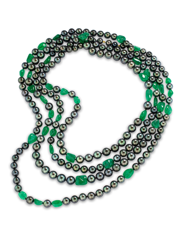 Black Tahitian Pearl & Colombian Emerald Necklace - 85"