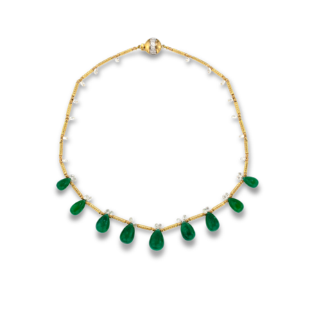 Colombian Emerald Briolette & Diamonds Necklace - 16"