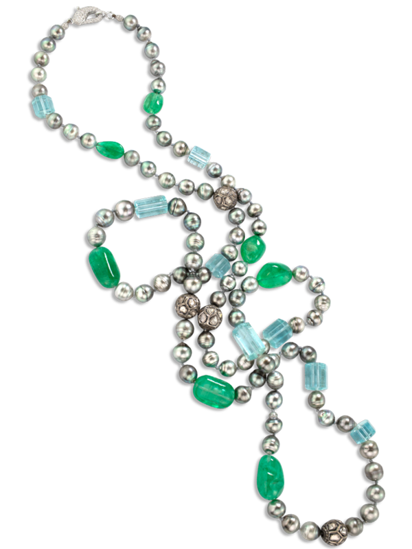 Tahitian Silver Pearls, Emerald, Aquamarine & Diamond Bead Necklace