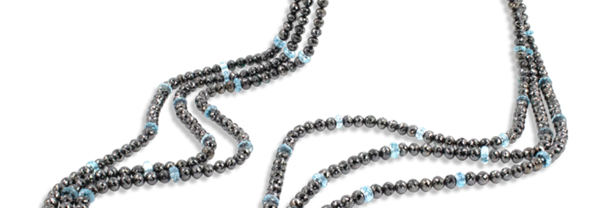Black Diamond and Aquamarine Triple Strand Necklace - 34"
