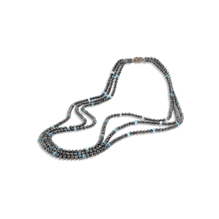 Black Diamond and Aquamarine Triple Strand Necklace - 34"