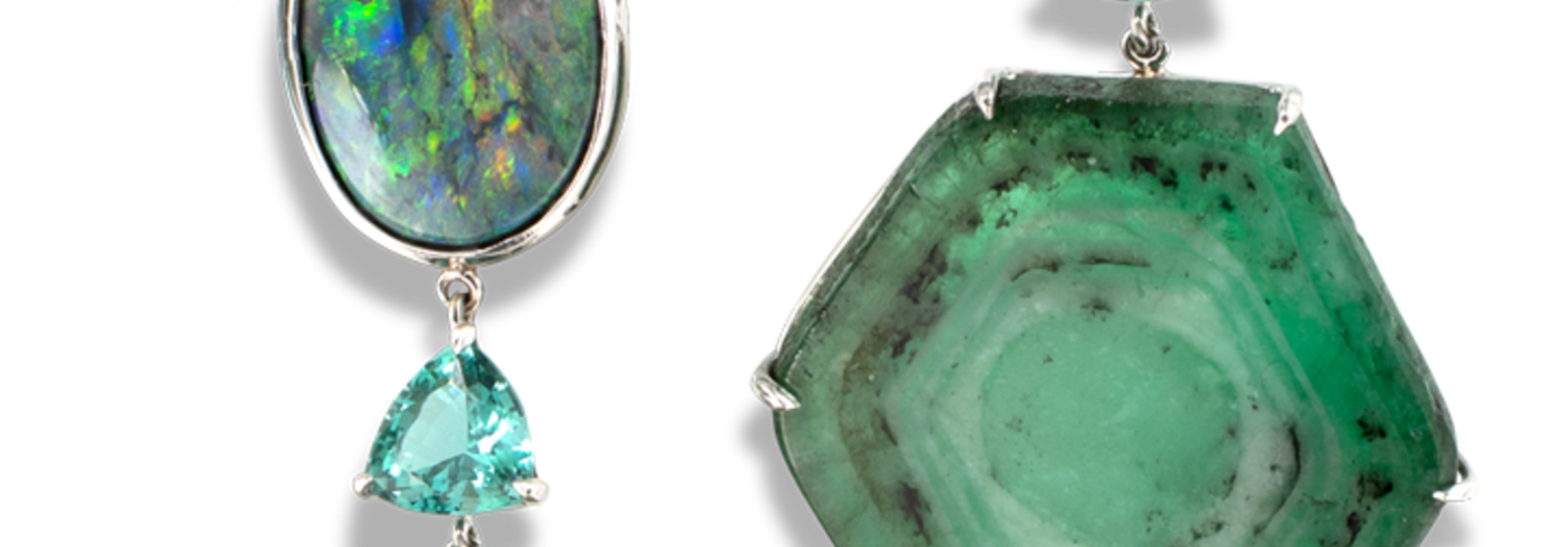Trapiche Emerald, Lagoon Tourmaline and Opal Earrings