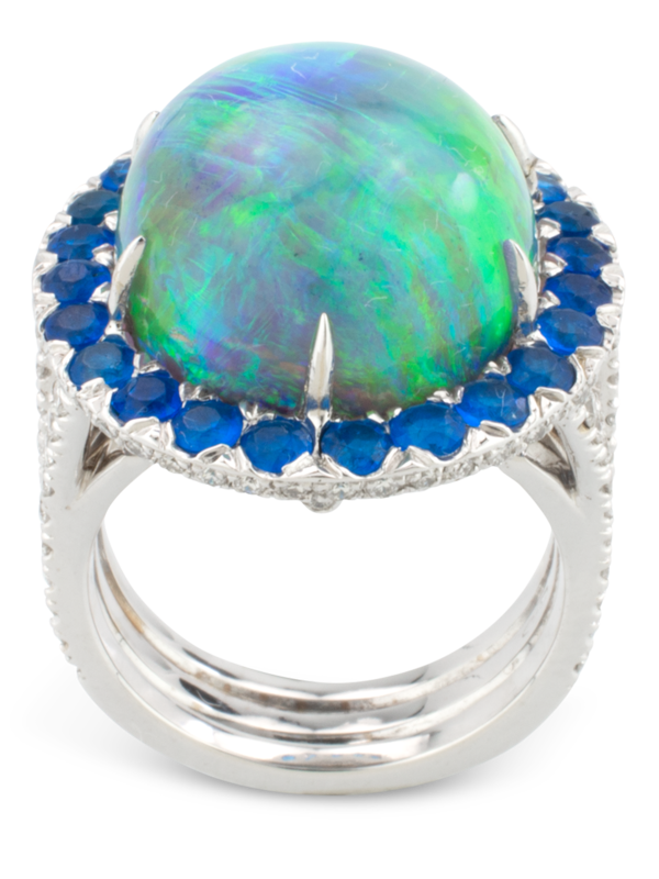 Black Opal, Hauynite & Diamond Ring