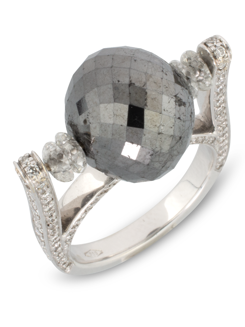 Faceted Black Diamond Ring, White Diamond Pave Set in 18k White Gold-1