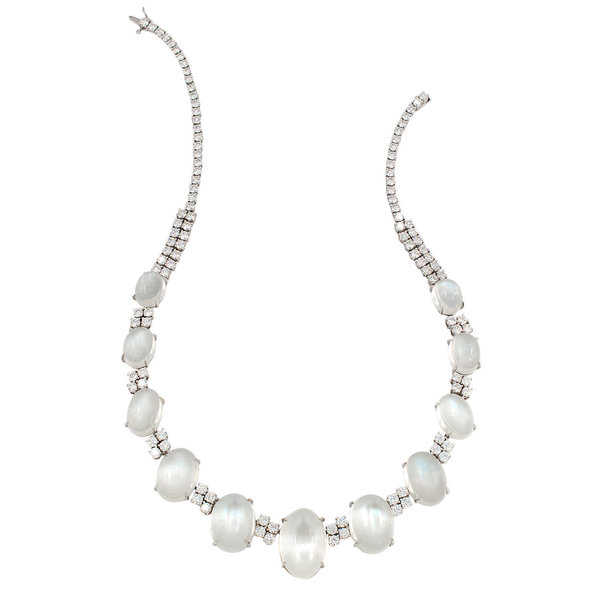 Silver Moonstone and Diamond Necklace