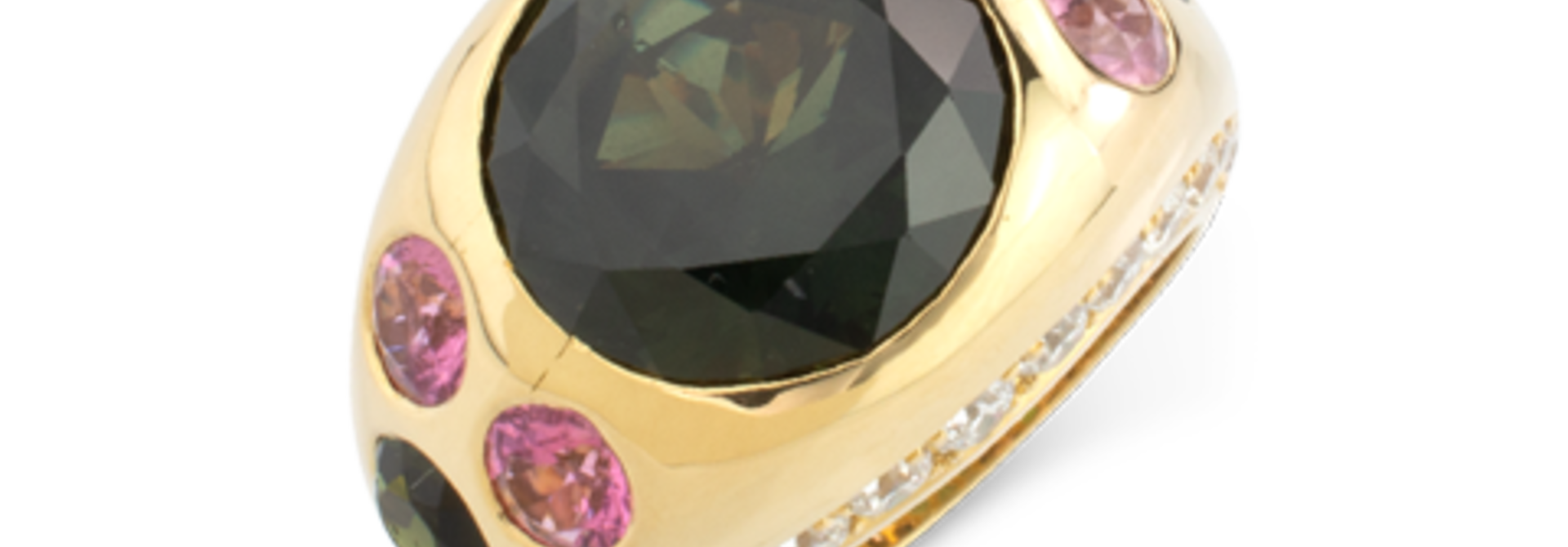 Green Sapphire, Pink Tourmaline & Diamond Gypsy Ring