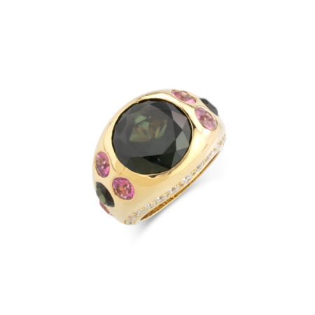 Green Sapphire, Pink Tourmaline & Diamond Gypsy Ring