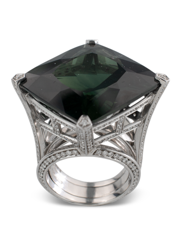 Dark Green Sapphire & Diamond Ring