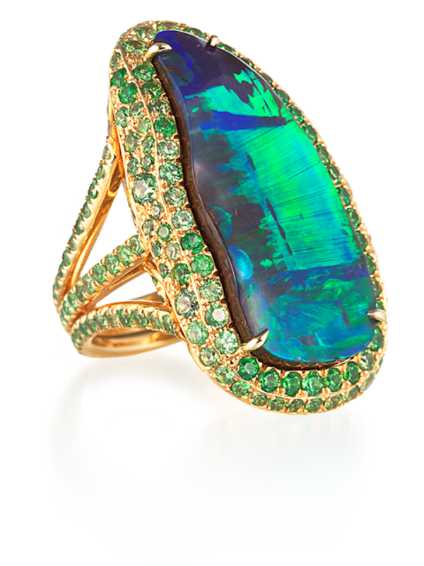 Boulder Opal and Demantoid Garnet Ring