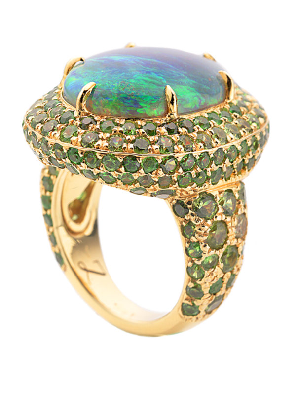 Crystal Opal & Demantoid Garnet Ring