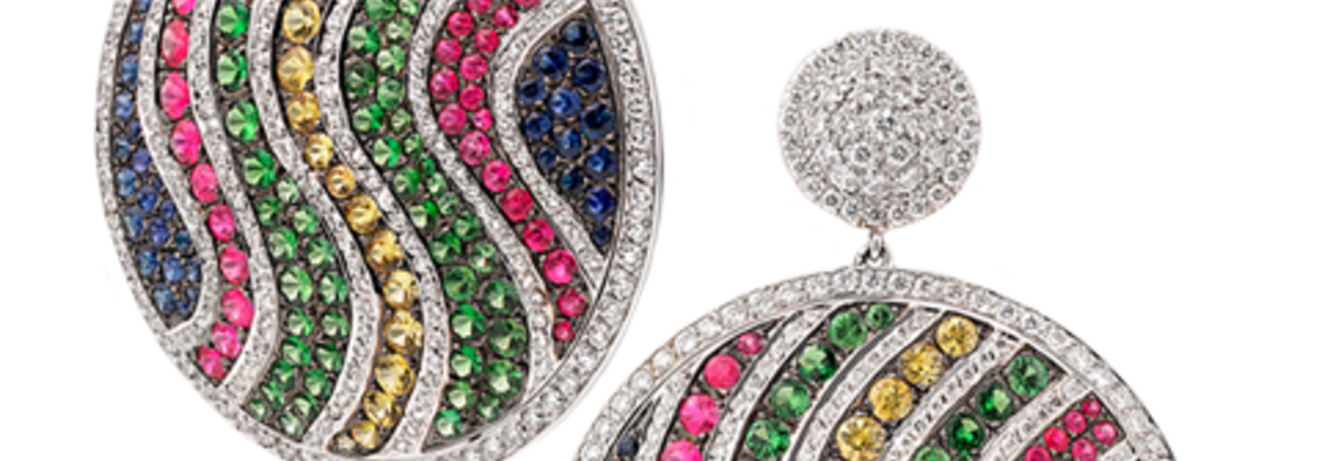 White Diamond, Multi-Color Sapphire & Tsavorite Garnet Pave Disc Earrings