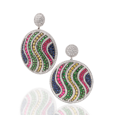 White Diamond, Multi-Color Sapphire & Tsavorite Garnet Pave Disc Earrings