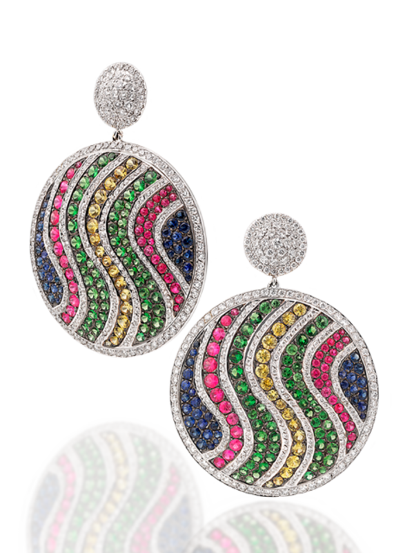 White Diamond, Multi-Color Sapphire & Tsavorite Garnet Pave Disc Earrings