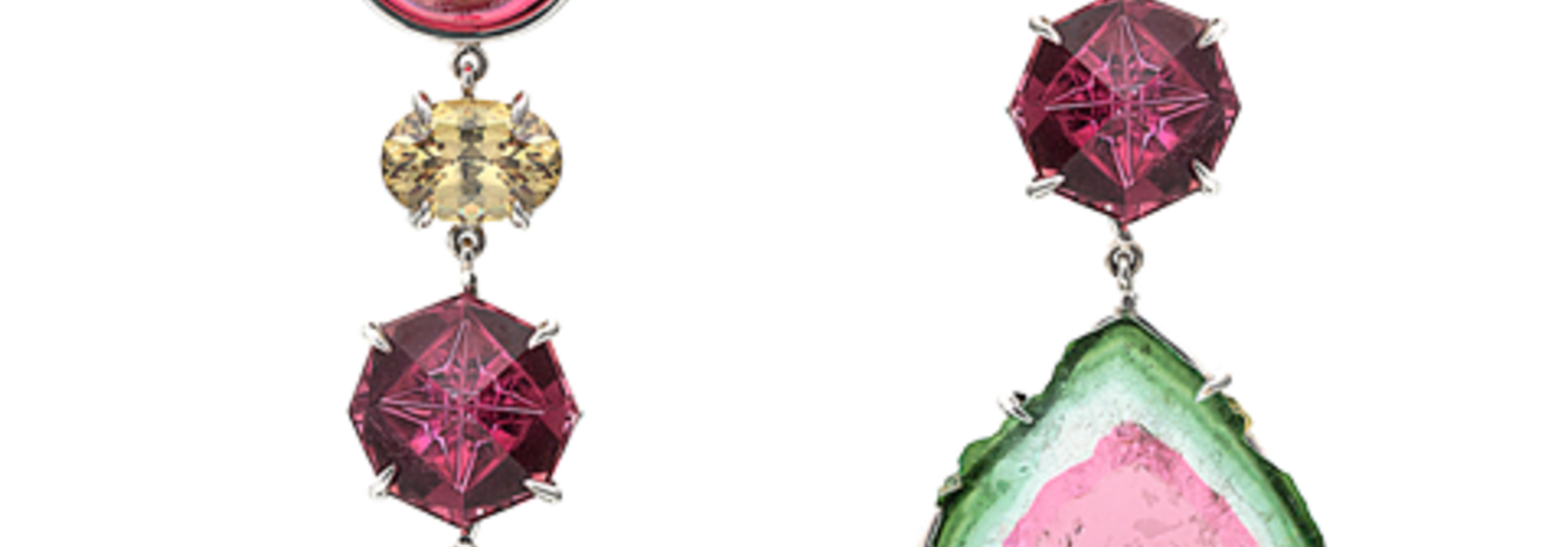 Watermelon Tourmaline Slice, Rubellite & Demantoid Garnet Earrings