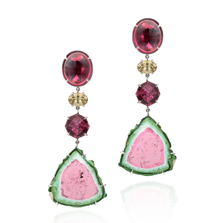 Watermelon Tourmaline Slice, Rubellite & Demantoid Garnet Earrings