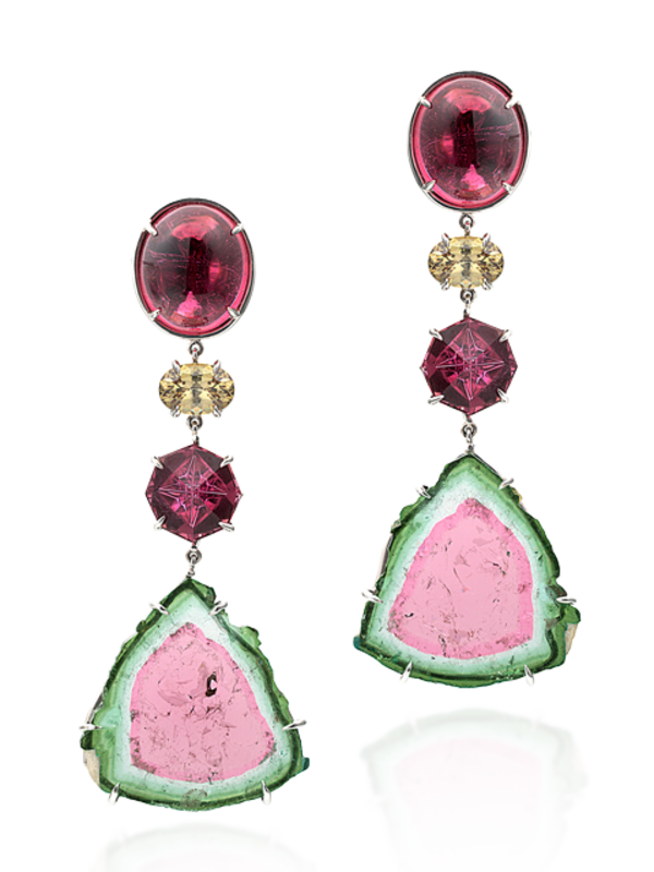 Watermelon Tourmaline Slice, Rubellite & Demantoid Garnet Earrings