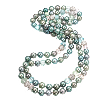 Tahitian Pearl, Aquamarine, Beryl & Morganite Necklace - 45"