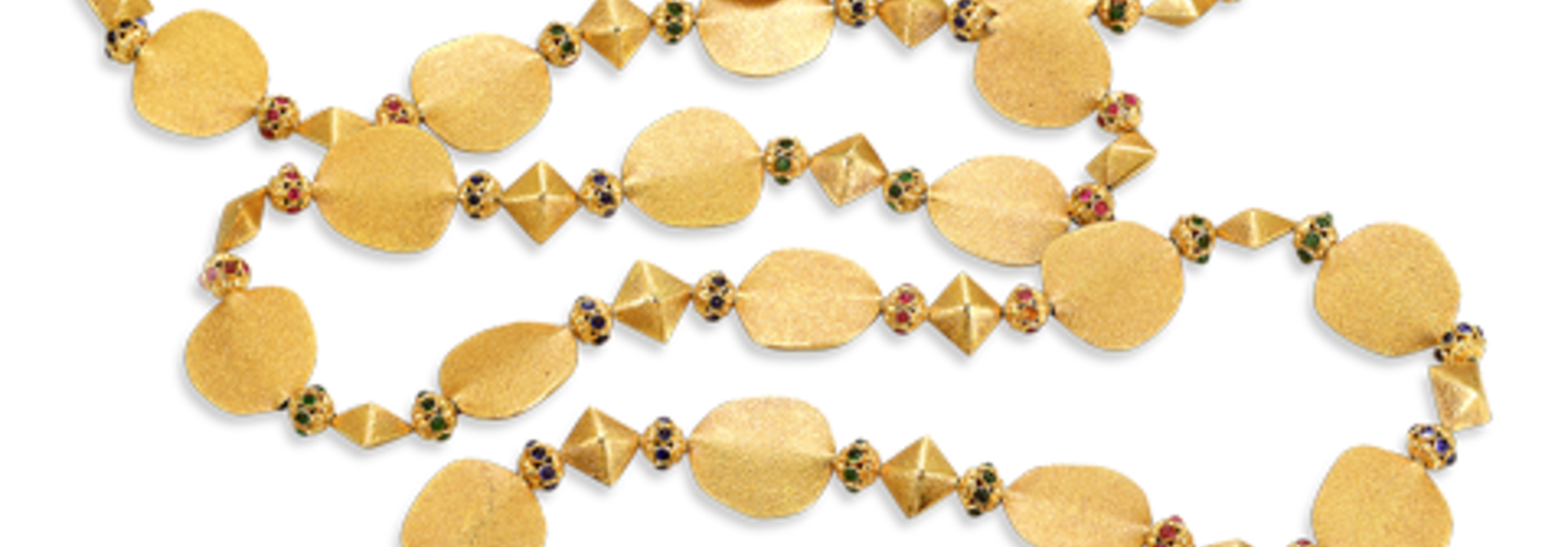 Yellow Gold, Ruby, Emerald & Sapphire Bead Necklace - 54"