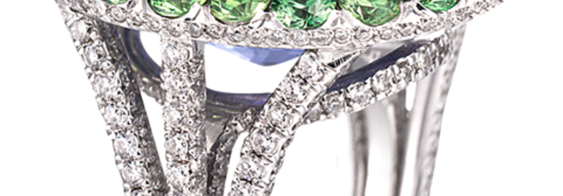 Blue Sapphire, Demantoid Garnet & Diamond Ring