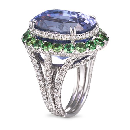 Blue Sapphire, Demantoid Garnet & Diamond Ring