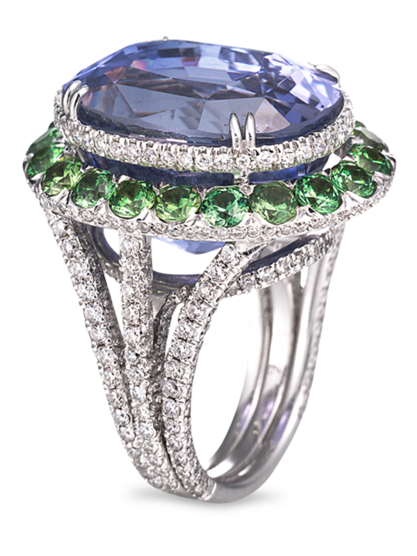 Blue Sapphire, Demantoid Garnet & Diamond Ring