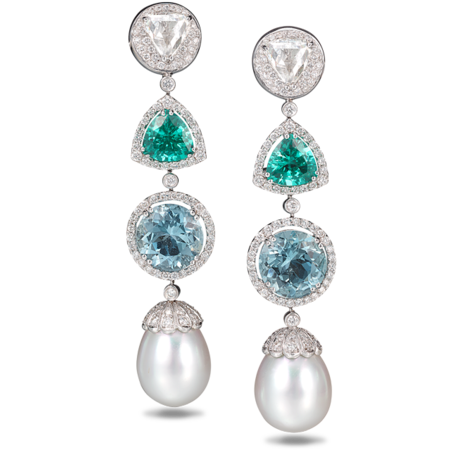 Diamond, Blue-Green Tourmaline, Aquamarine & South Sea Pearl Earrings