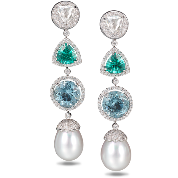 Azure Diamond, Blue-Green Tourmaline, Aquamarine & South Sea Pearl Earrings