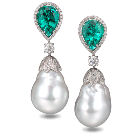South Sea Baroque Pearls & Blue Green Tourmaline Earrings