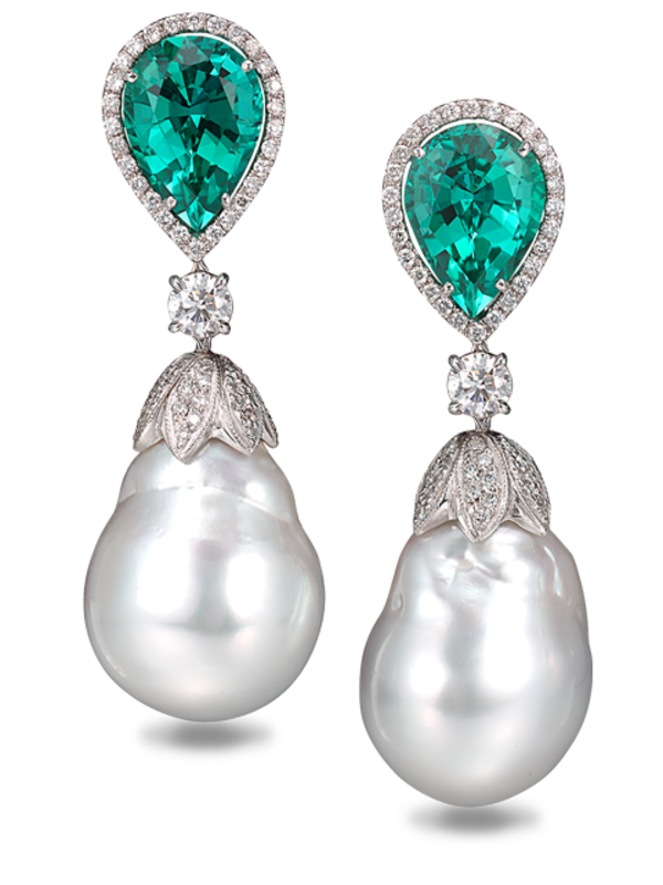 South Sea Baroque Pearls & Blue Green Tourmaline Earrings