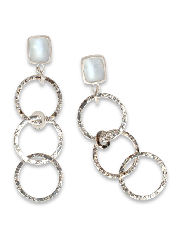 Moonstone & Diamond Hammered White Gold Hoop Earrings